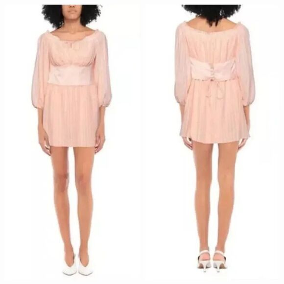 NEW Guess Sheer Chiffon Corset Bardot Milkmaid Peasant Mini Dress in Peach Large - Picture 1 of 14